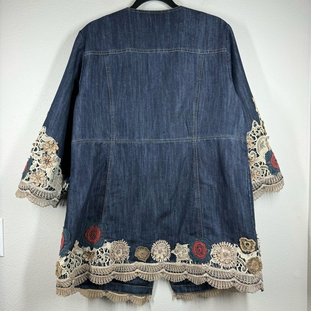Chicos Denim Lace Doilie Long Blazer Jacket Boho Embellishment Size 3 Or XL - Picture 9 of 12